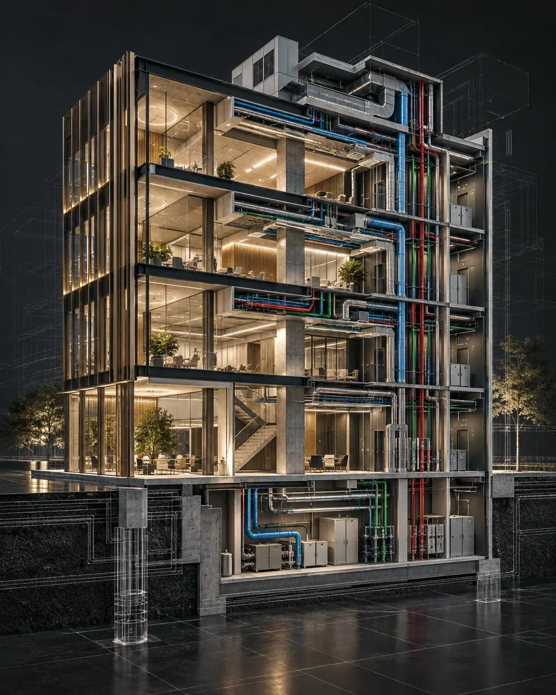Sezione tecnica di un edificio con impianti MEP coordinati